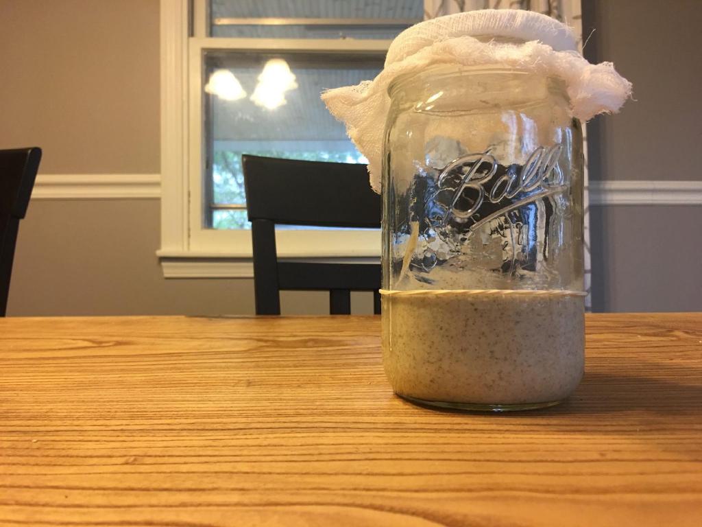 A sourdough starter sits in a wide mouth mason jar covered by a cheese cloth. A rubber band is wrapped around the outside of the jar at the level of the starter to help indicate if the starter grows throughout the day.