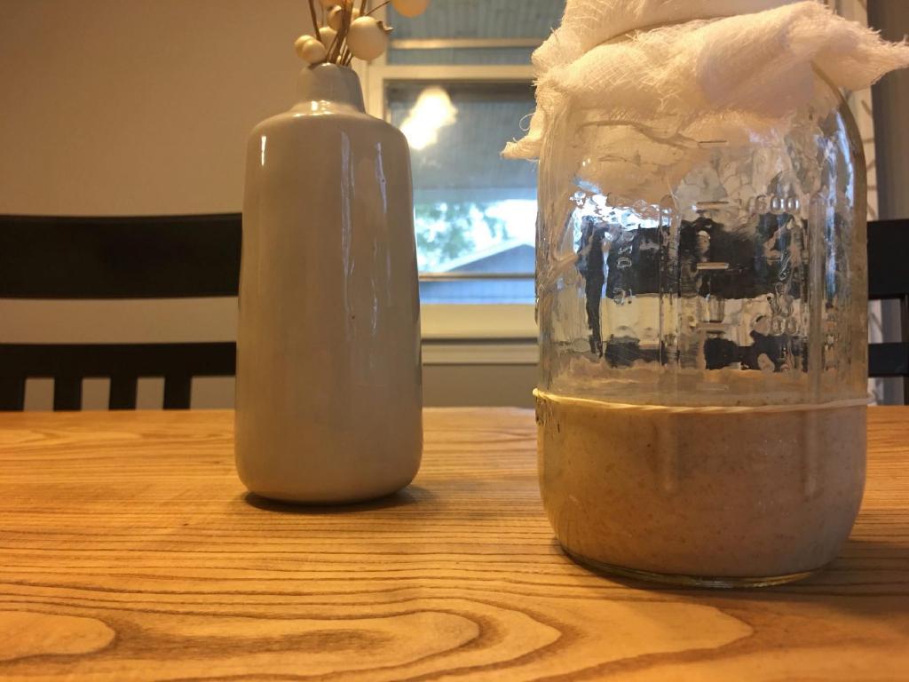A sourdough starter sits in a narrow mouthed mason jar with a cheese cloth covering it. A rubberband is wrapped around the jar at the level of the starter indicating that there hasn't been any activity.