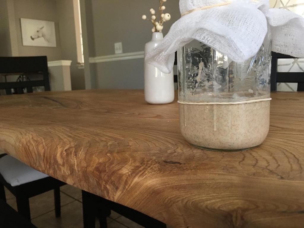 A non active sourdough starter sits in a mason jar. The level of the starter doesn't extend above the rubber band used to mark the level of the starter after the previous day's feeding. The jar sits on a wood table with a cheese cloth over the mouth of the jar.