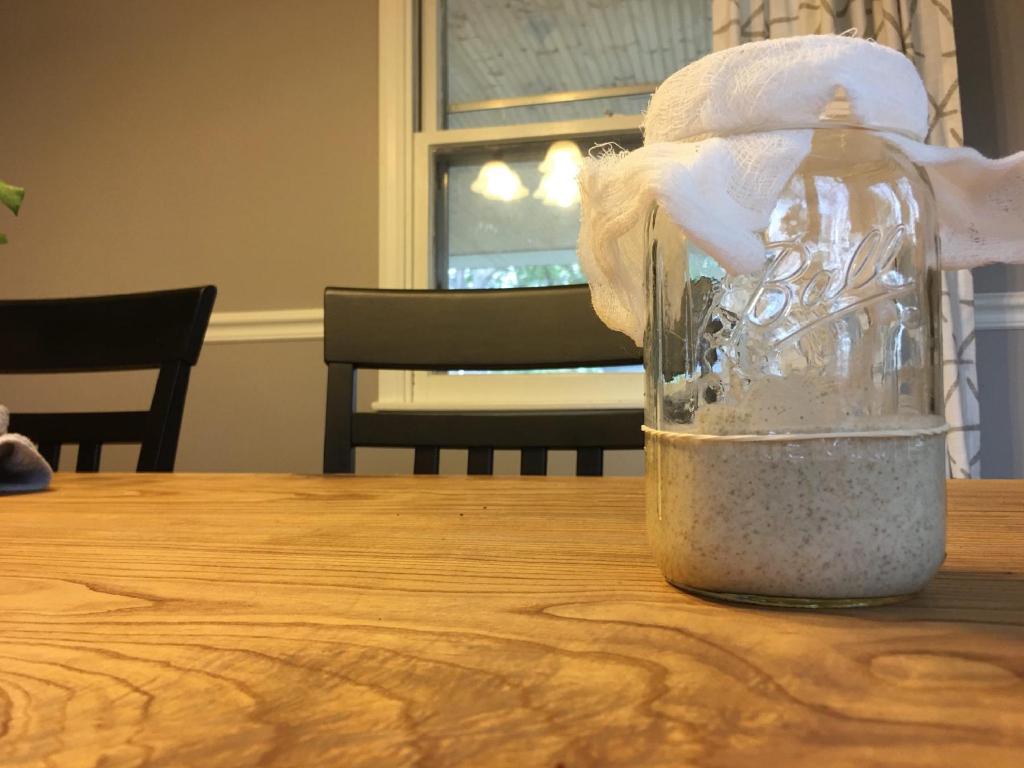 A wide mouth mason jar with a cheese cloth covering it sits on a wood table. Because of an overcast sky the interior lighting is turned on to show the starter sitting inside the jar.